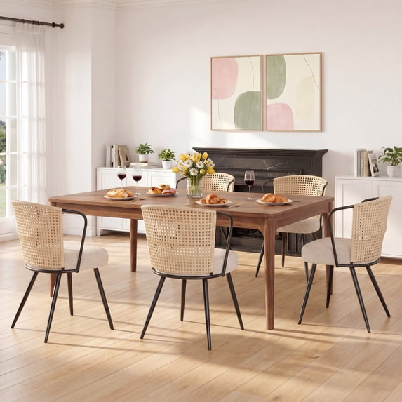 Sailvan Rattan Dining Chair Set of 4, Accent Dining Room Chairs, Modern Kitchen Chairs with Lamb Fleece Cushion, Mid Century Style Living Room Chairs, Easy Assembly, Beige