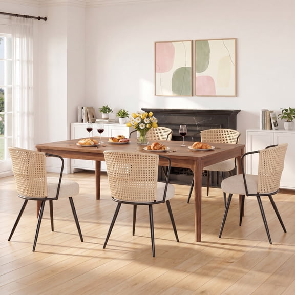 Sailvan Rattan Dining Chair Set of 4, Accent Dining Room Chairs, Modern Kitchen Chairs with Lamb Fleece Cushion, Mid Century Style Living Room Chairs, Easy Assembly, Beige