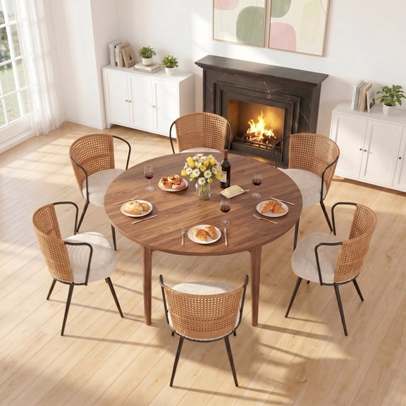 Sailvan Rattan Dining Chair Set of 6, Accent Dining Room Chairs, Modern Kitchen Chairs with Lamb Fleece Cushion, Mid Century Style Living Room Chairs, Easy Assembly, Brown