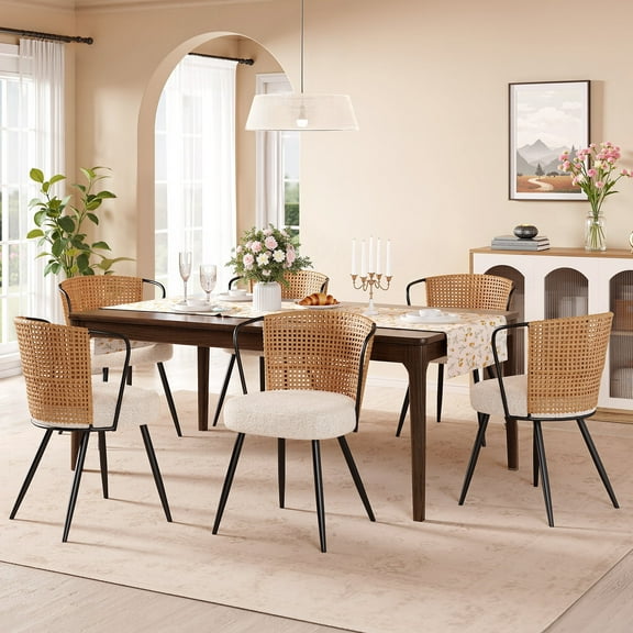 Sailvan Dining Chair Set of 6, Upholstered Kitchen & Dining Room Chairs Tufted Accent Chairs with Rattan Backrest & Lamb Fleece Fabric Cushion, Wingback Dining Room Seat (Brown)