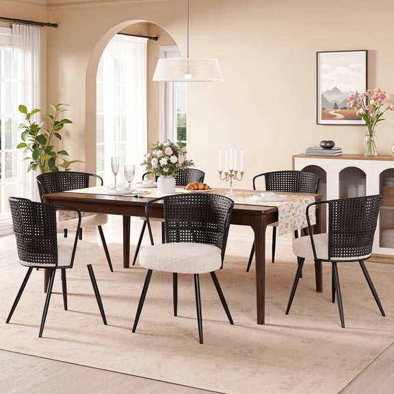 Sailvan Dining Chair Set of 6, Upholstered Kitchen & Dining Room Chairs Tufted Accent Chairs with Rattan Backrest & Lamb Fleece Fabric Cushion, Wingback Dining Room Seat (Black)