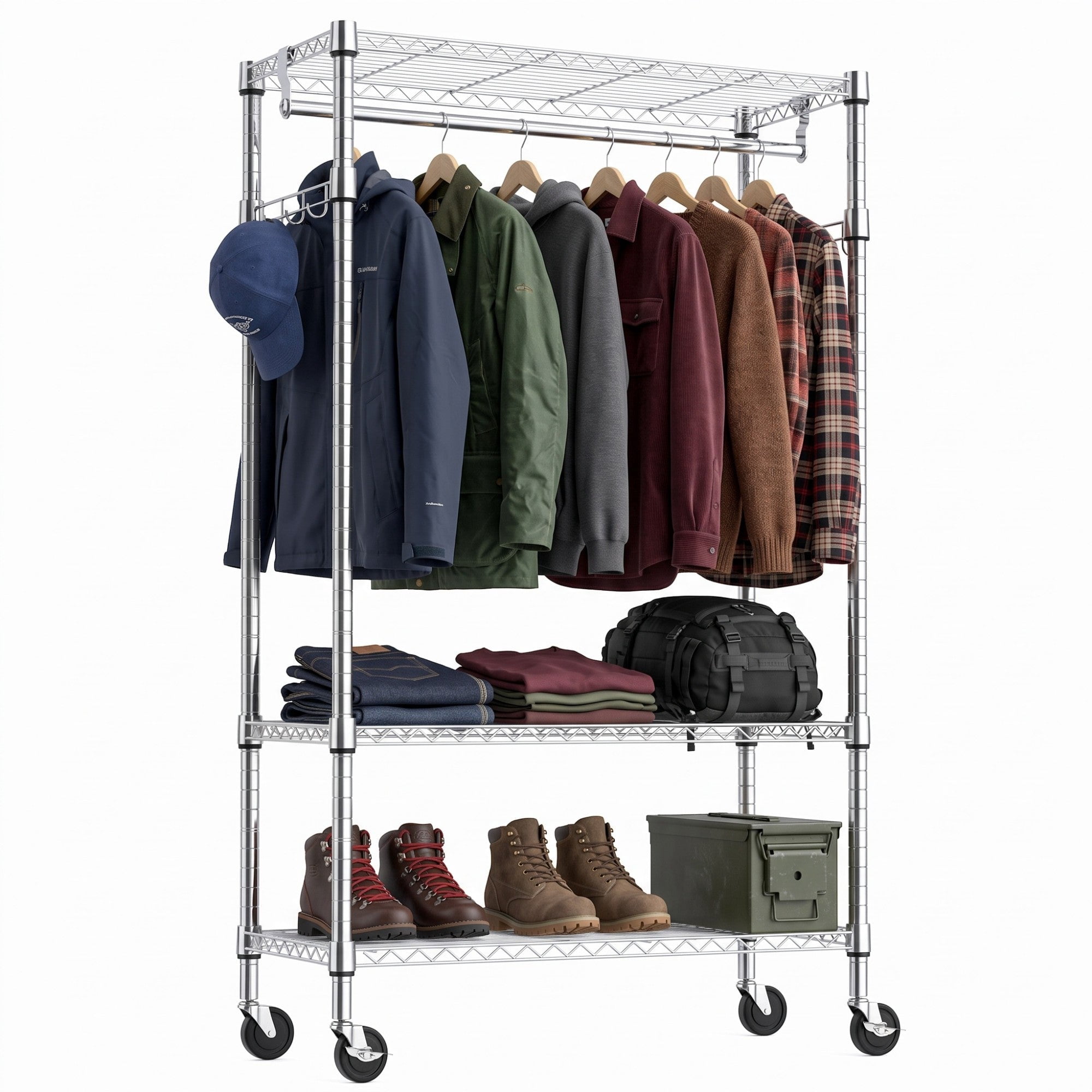 Sailvan Rolling Garment Rack With Wheels, Narrow 3 Tier Metal Clothes ...