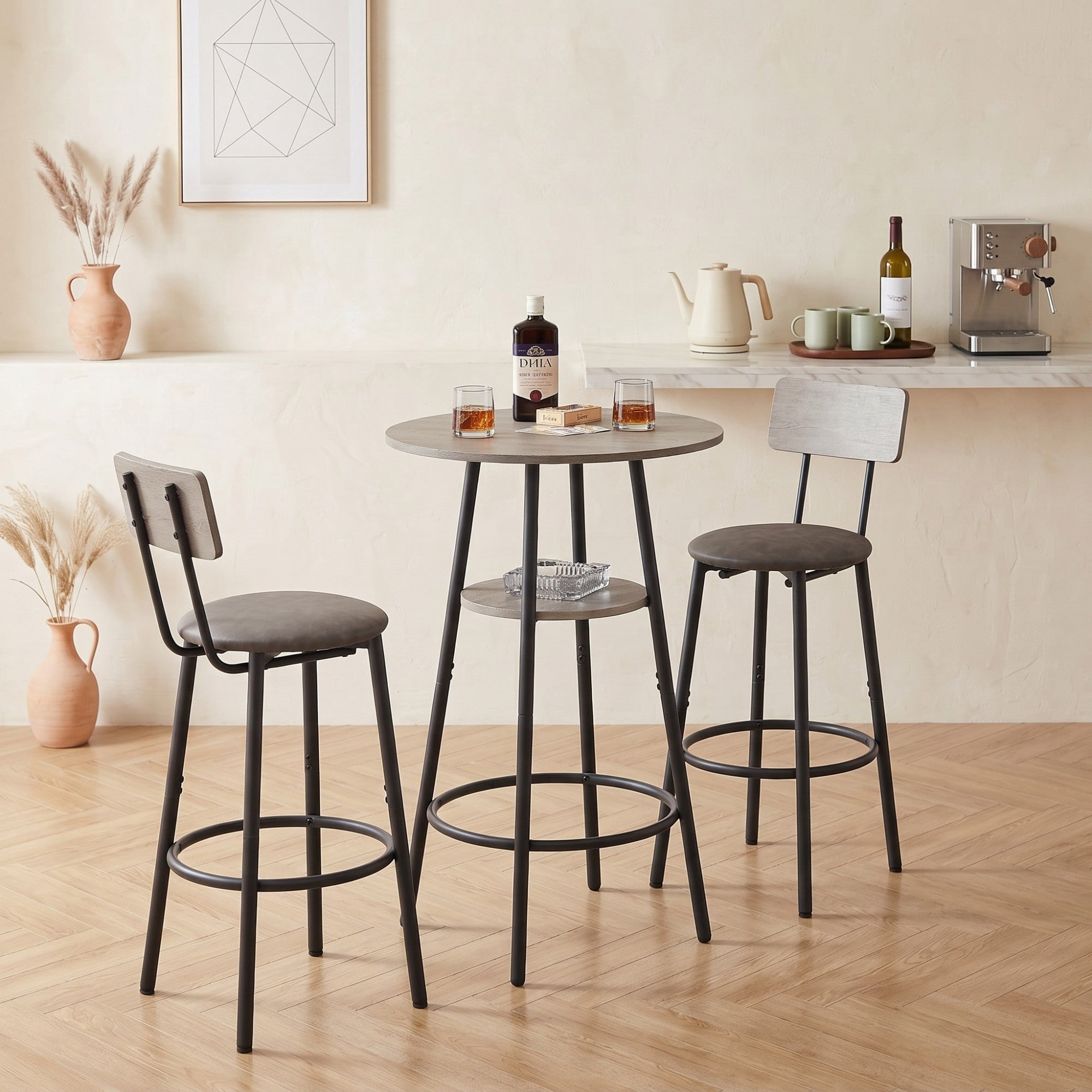 Sailvan Round Bar Stool Set with Storage Shelf, Upholstered Bar Stool with Backrest