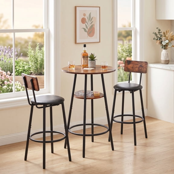 Sailvan Round Bar Stool Set with Storage Shelf, Upholstered Bar Stool with Backrest
