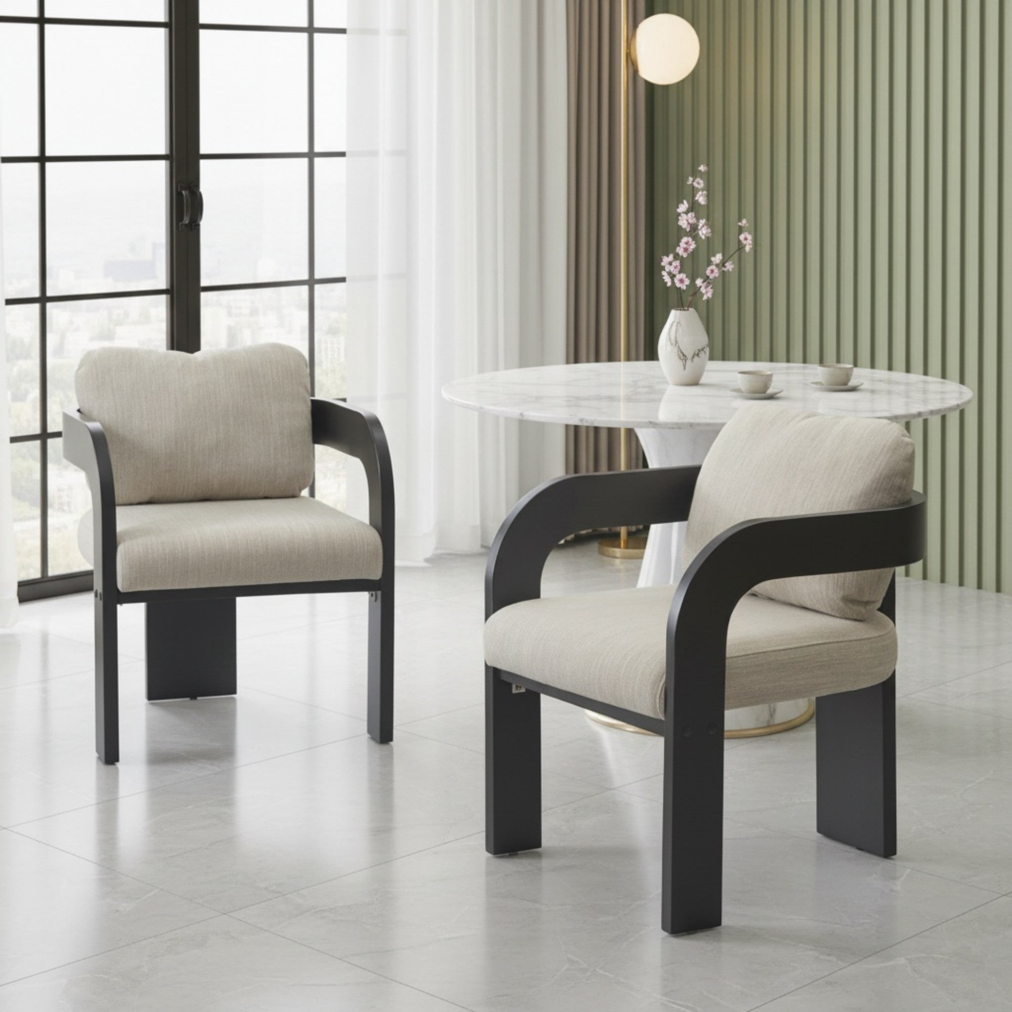Sailvan Set of 2 Dining Chairs,Boucle Fabric Upholstered Kitchen Chairs with Pillow Back,Natural Solid Wood Frame with Curved Arms Beige&Black