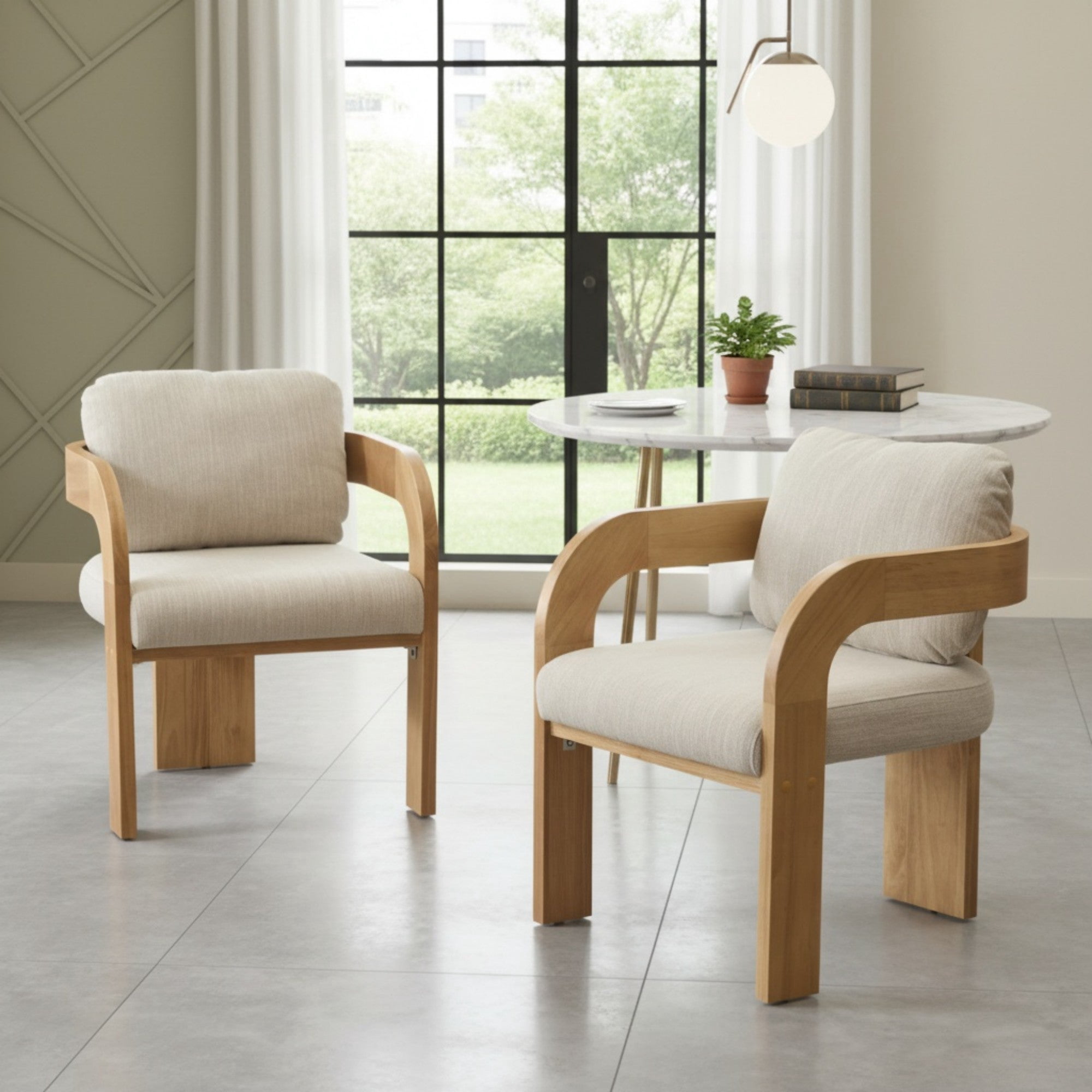 Sailvan Set of 2 Dining Chairs,Boucle Fabric Upholstered Kitchen Chairs with Pillow Back,Natural Solid Wood Frame with Curved Arms Beige&Natural