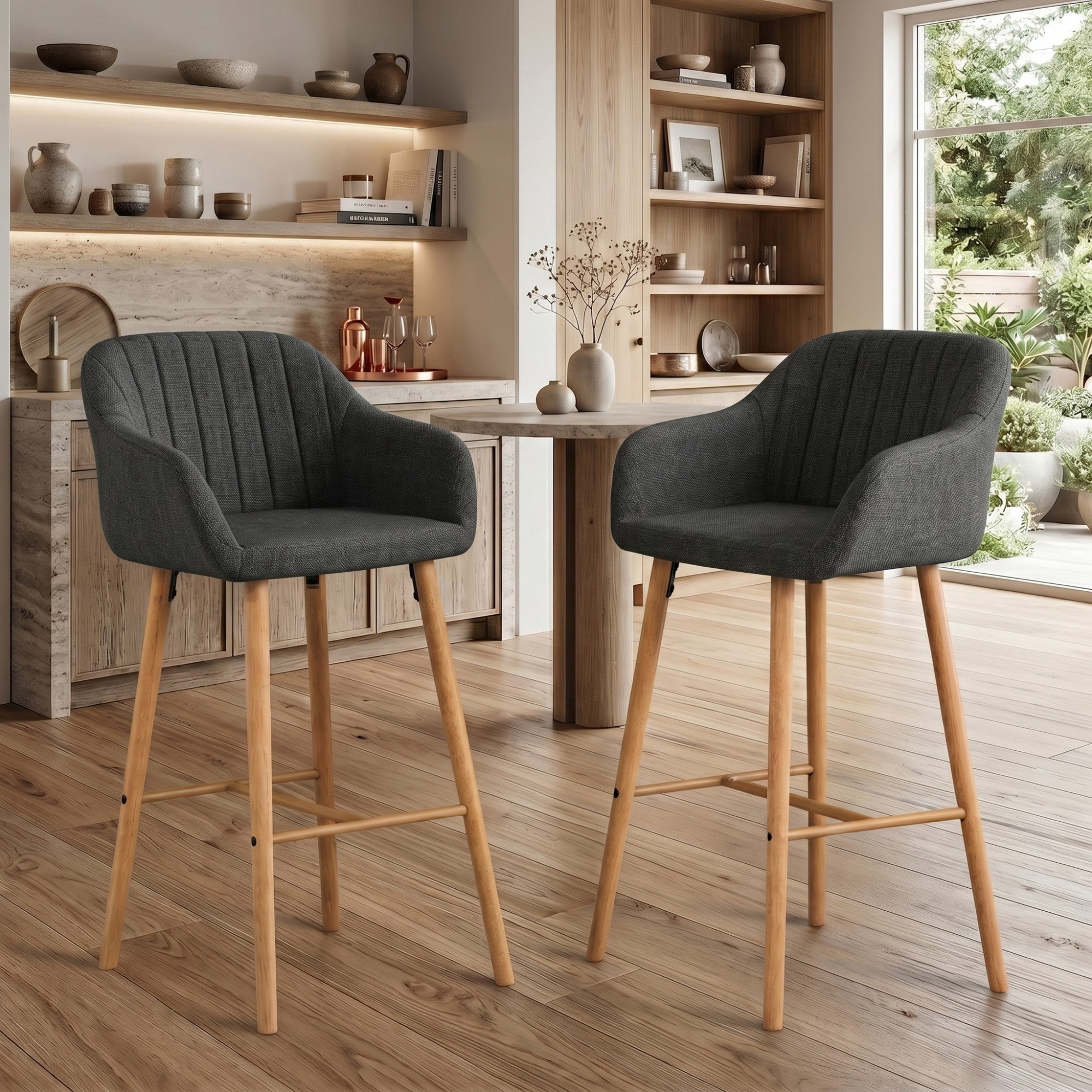 Sailvan Set of 2 Modern Bar Stools,Linen Upholstered Kitchen Island Chairs with Back & Arms,Solid Wood Legs Tall Counter Stools Black