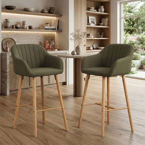 Sailvan Set of 2 Modern Bar Stools,Linen Upholstered Kitchen Island Chairs with Back & Arms,Solid Wood Legs Tall Counter Stools Green