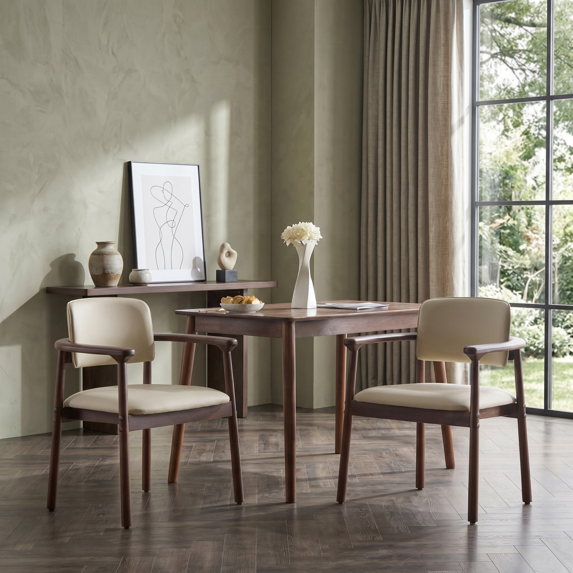 Sailvan Set of 2 Wood Dining Chairs,Mid-Century Modern Kitchen Chairs with Beige PU Leather Cushions & Dark Walnut Frame,300lb Capacity,Beige