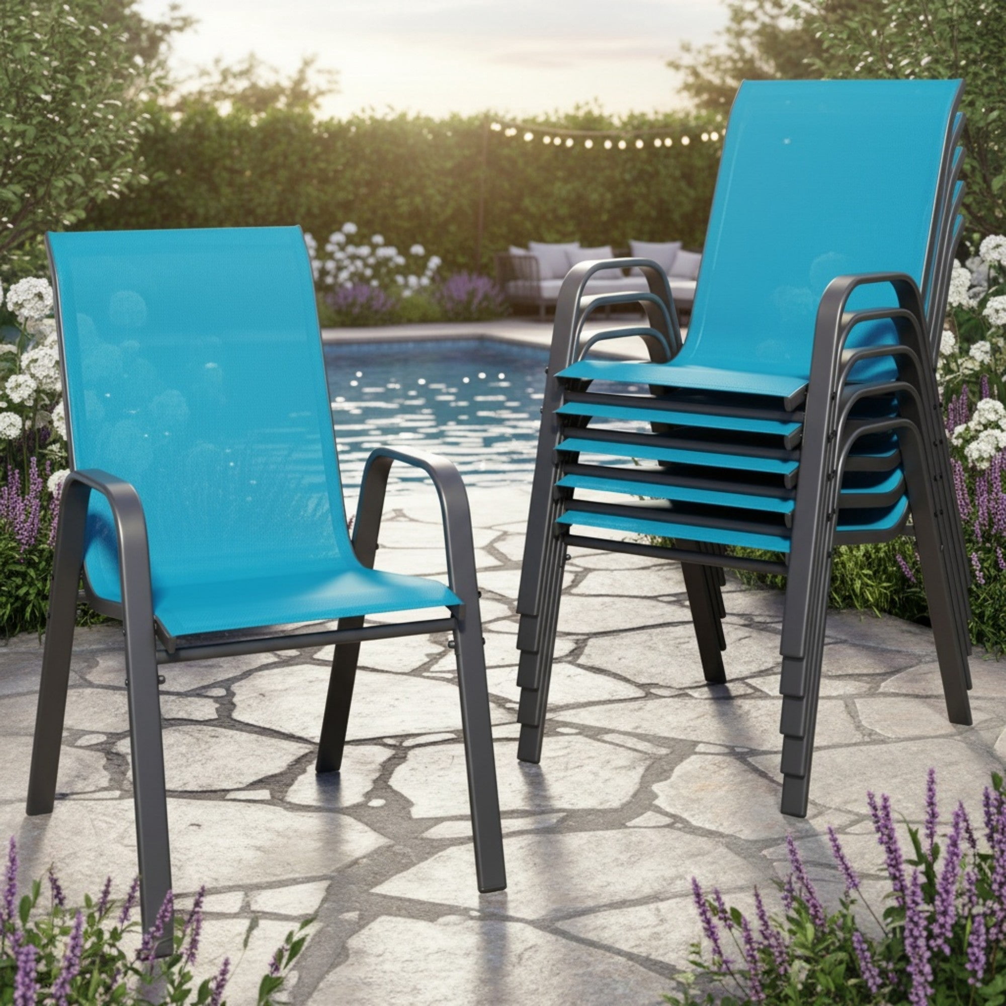 Sailvan Set of 6 Outdoor Patio Chairs,Breathable Textilene Garden Dining Chairs with Armrest and High Backrest Blue