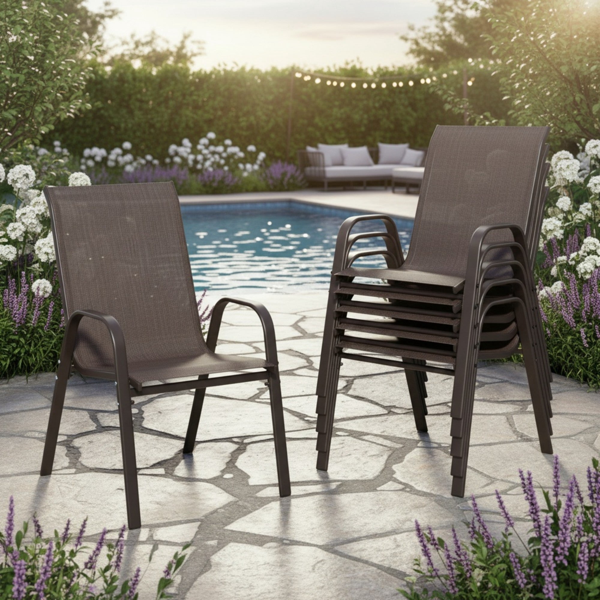 Sailvan Set of 6 Outdoor Patio Chairs,Breathable Textilene Garden Dining Chairs with Armrest and High Backrest Brown