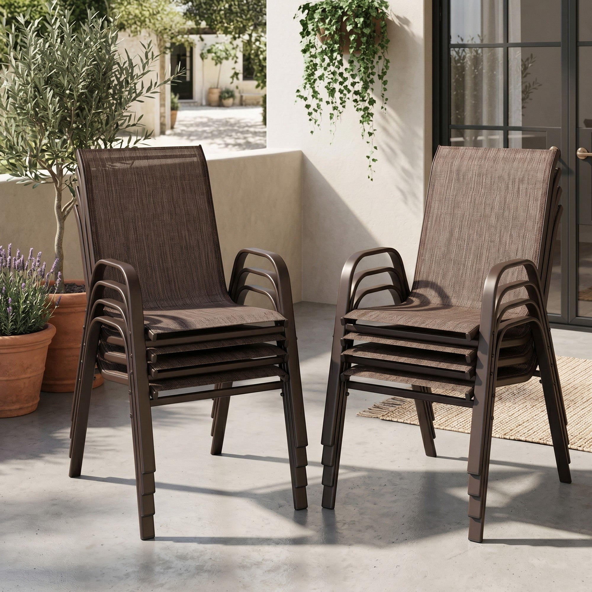 Sailvan Set of 8 Outdoor Patio Chairs,Breathable Textilene Garden Dining Chairs with Armrest and High Backrest Brown