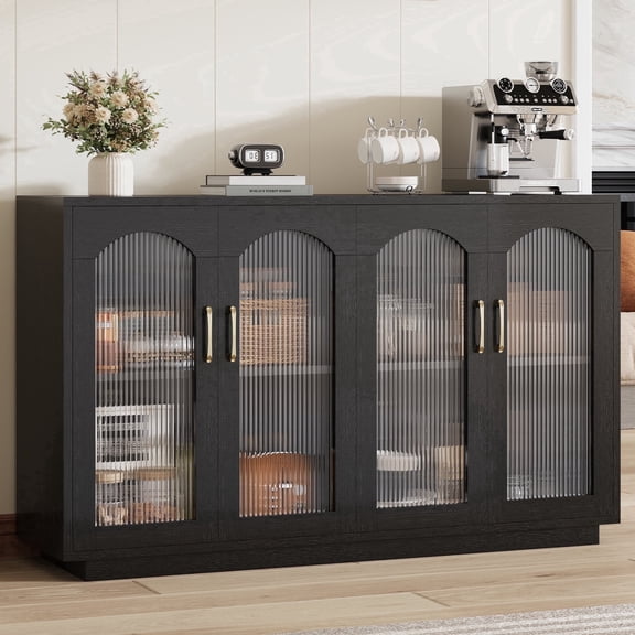 Sailvan Sideboard Buffet Cabinet with Storage, 55.1" Table with 4 Fluted Glass Doors, Built-in Removable Shelf, Kitchen Coffee Bar Table for Dining Room, Living Room, Black