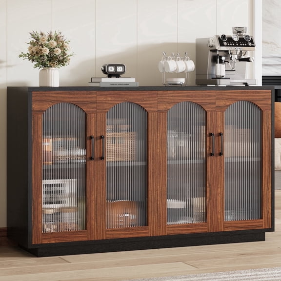 Sailvan Modern Sideboard, 55.1" Wide, with Fluted Glass Doors, Decorative Cabinet, Console Table, TV Stand, Brown