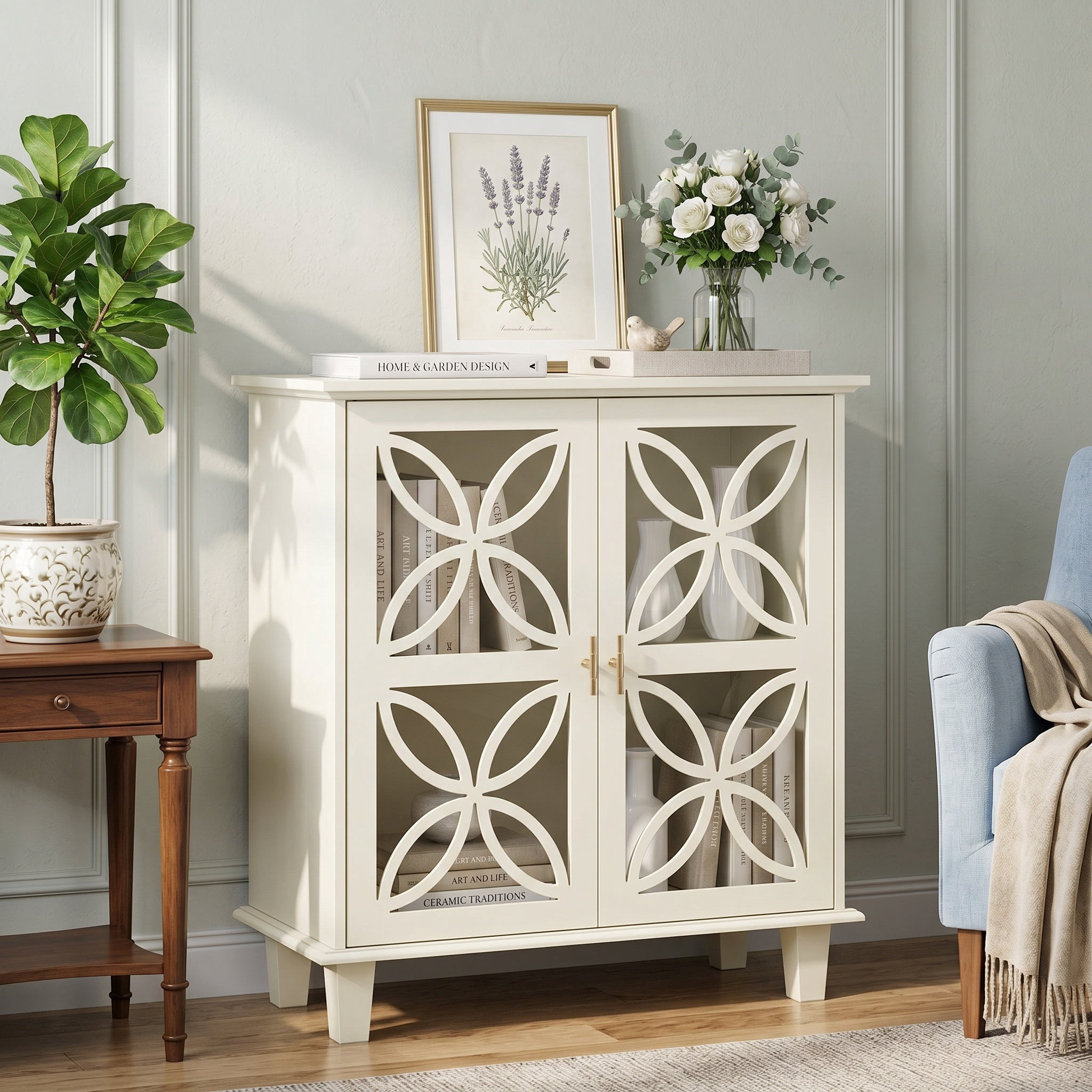 Sailvan Sideboard Buffet Storage Cabinet, Freestanding Bathroom Cabinet with Tempered Glass Doors