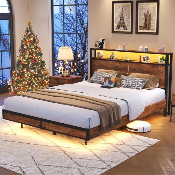 Sailvan Full Size Bed Frame with LED Storage Headboard, Sturdy Metal Platform Bed Frame with Charging Station, Noise-Free/Metal Support/No Box Spring Needed, Rustic Brown