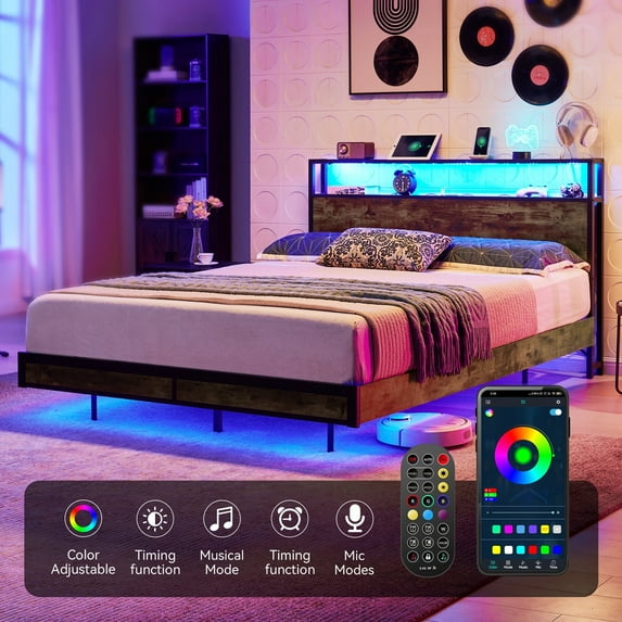 Sailvan Full Size Bed Frame with 2 LED Lights,USB Charging and Headboard,Wood and Metal Platform Bed Frame Full,2-Tier Storage Shelf,No Box Spring Needed,Brown