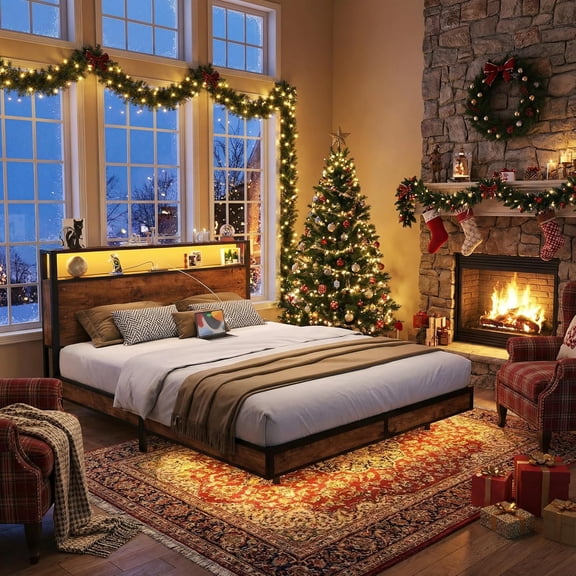 Sailvan Queen Size Bed Frame with LED Storage Headboard, Sturdy Metal Platform Bed Frame with Charging Station, Noise-Free/Metal Support/No Box Spring Needed, Rustic Brown