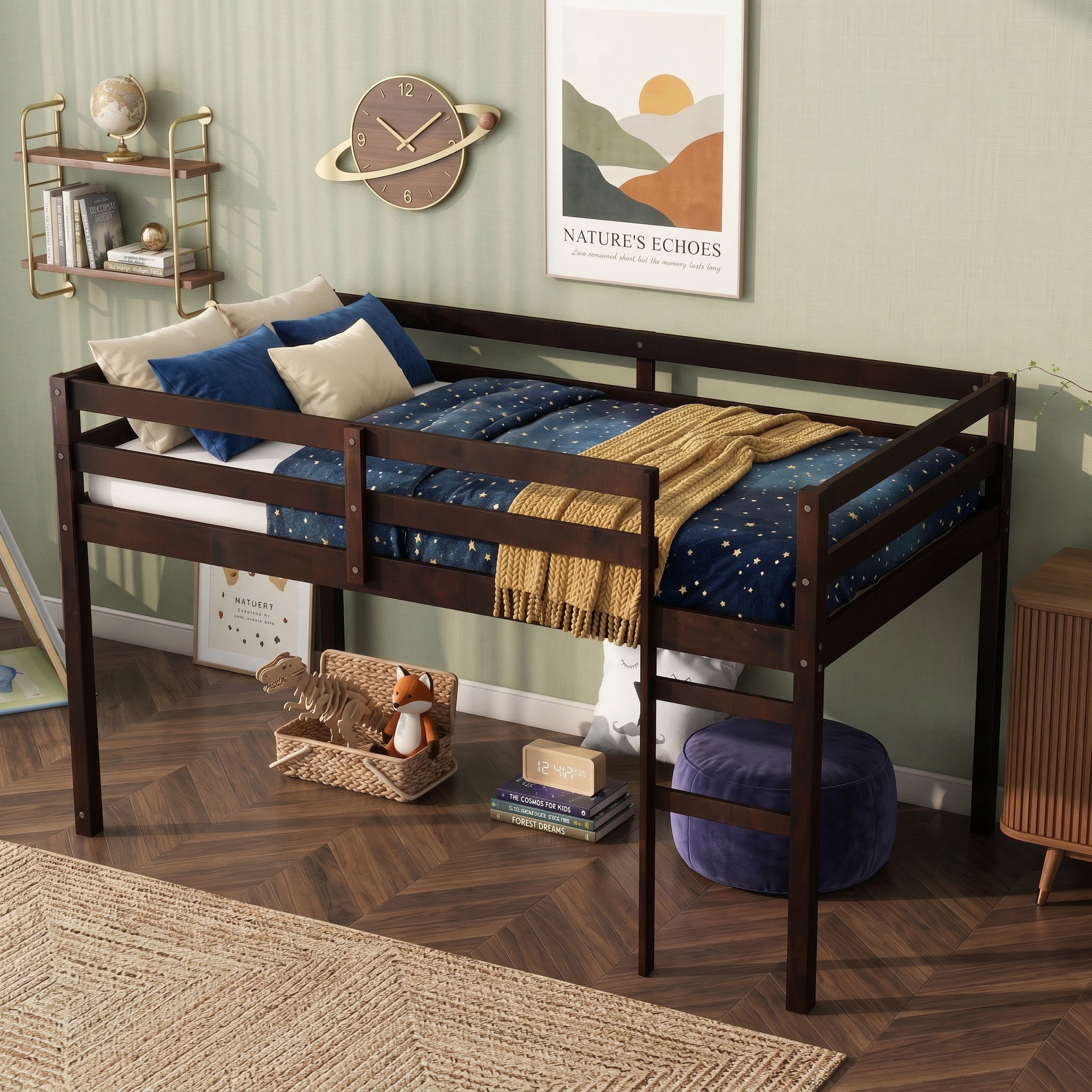 Sailvan Solid Wooden, Rubber Wooden Twin Loft Bed with Ladder, Bed Platform of Strengthened Slats