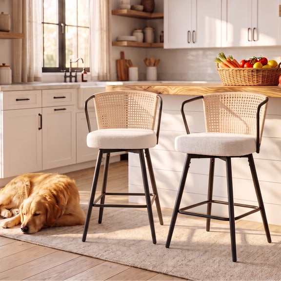 Sailvan Swivel Bar Stool Set of 2, 35.8" Rattan Counter Height Bar Chairs with Back & Footrest, Modern Upholstered Counter Stools for Kitchen Island, Easy Assembly, Beige