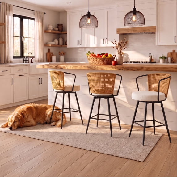 Sailvan Swivel Bar Stool Set of 3, 35.8" Rattan Counter Height Bar Chairs with Back & Footrest, Modern Upholstered Counter Stools for Kitchen Island, Easy Assembly, Brown