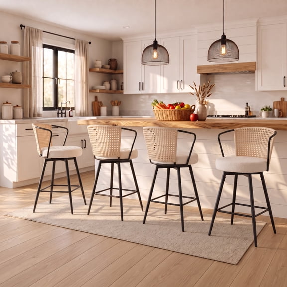 Sailvan Swivel Bar Stool Set of 4, 35.8" Rattan Counter Height Bar Chairs with Back & Footrest, Modern Upholstered Counter Stools for Kitchen Island, Easy Assembly, Beige