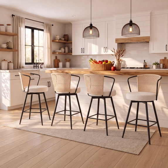 Sailvan Swivel Bar Stool Set of 4, 35.8" Rattan Counter Height Bar Chairs with Back & Footrest, Modern Upholstered Counter Stools for Kitchen Island, Easy Assembly, Beige