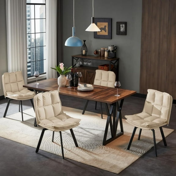 Sailvan Set of 4 Upholstered Dining Chairs, Swivel PU Leather Kitchen Chairs with Backrest and Metal Legs, Double Layer Foam Dinner Table Chair for Living Room, Beige