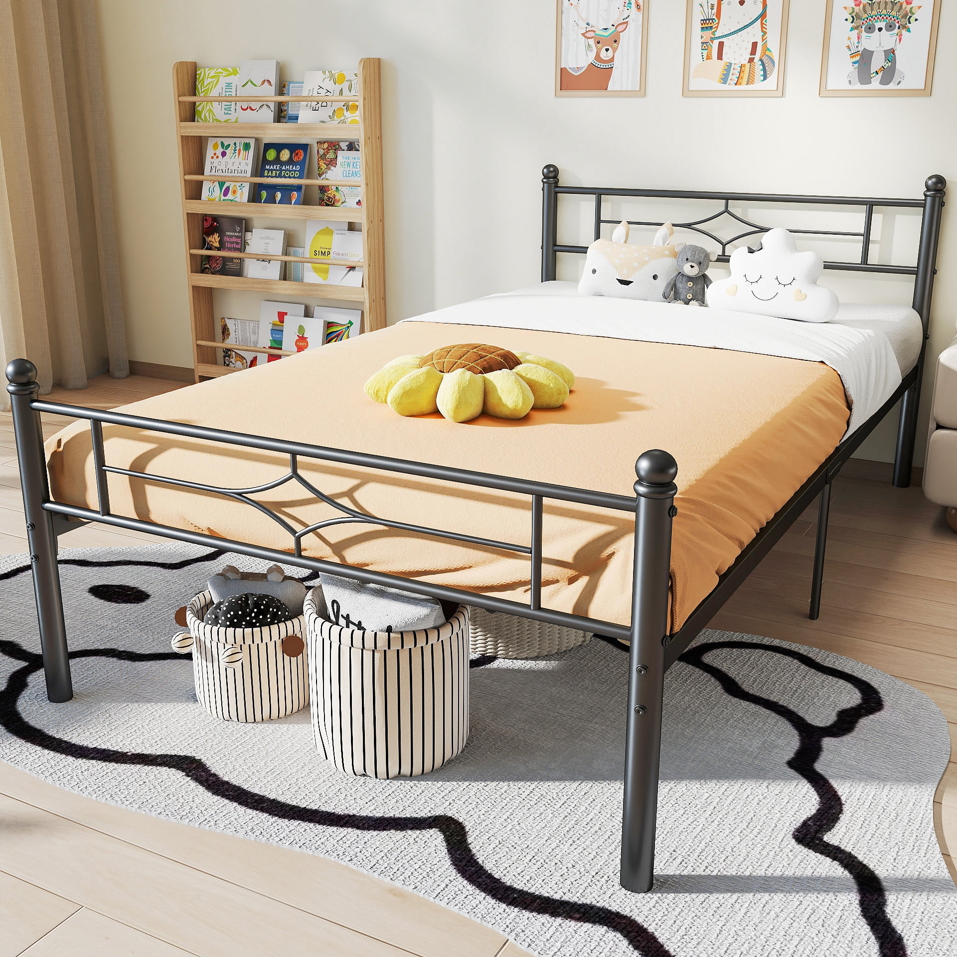 Sailvan Twin Bed Frame, Heavy-duty Metal Bed Frames with Headboard, No Box Spring Needed, Black