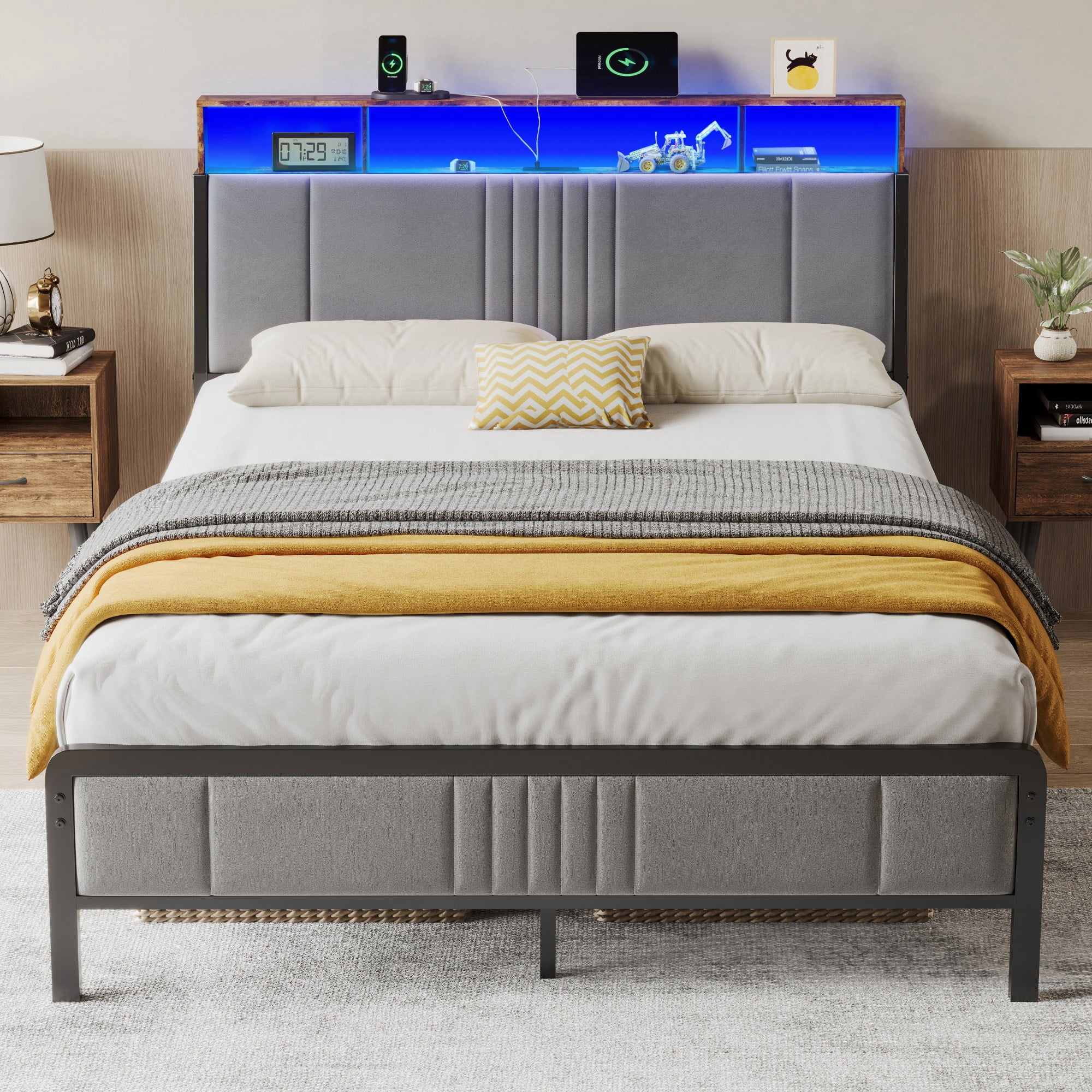 Sailvan Twin Bed Frame, Metal Bed Frames with Upholstered Headboard, LED Light & Charging Station, No Box Spring Needed, Gray Velvet