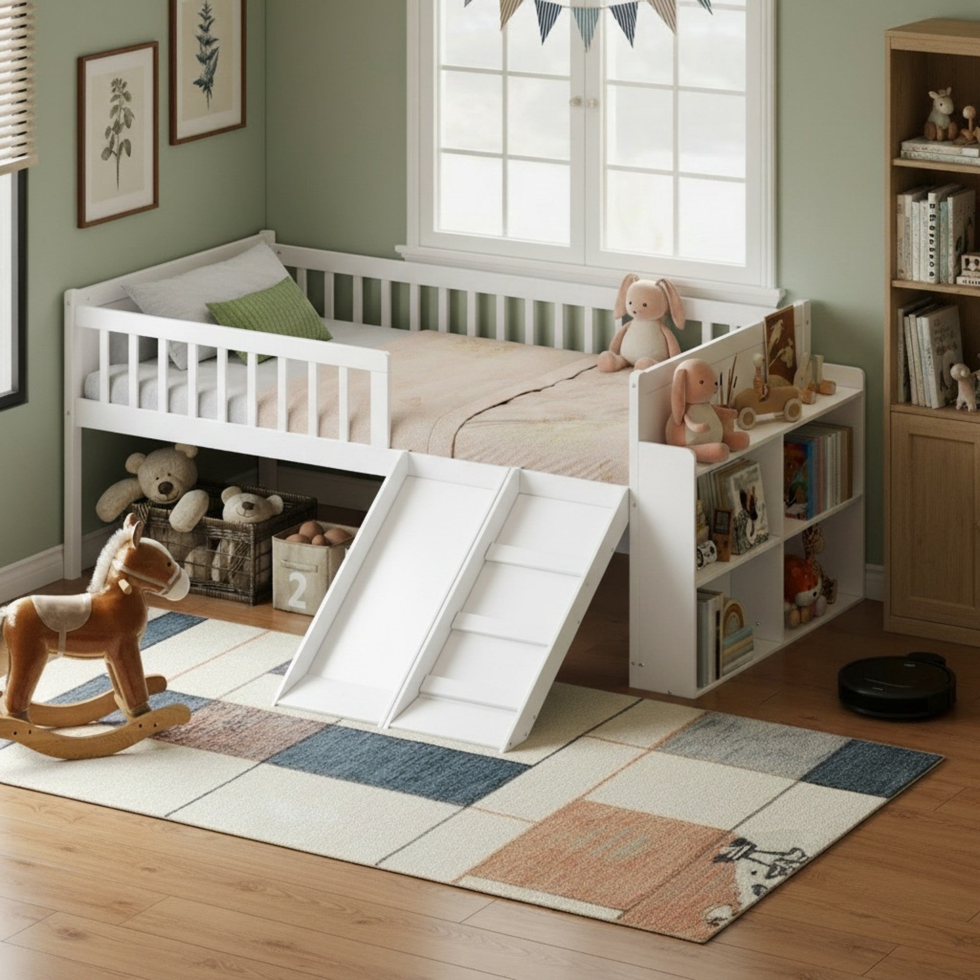 Sailvan Twin Bed Frame with Storage Shelf,Kids Wooden Platform Bed with Slide and Ladder,Full Guardrail,No Box Spring Needed，White