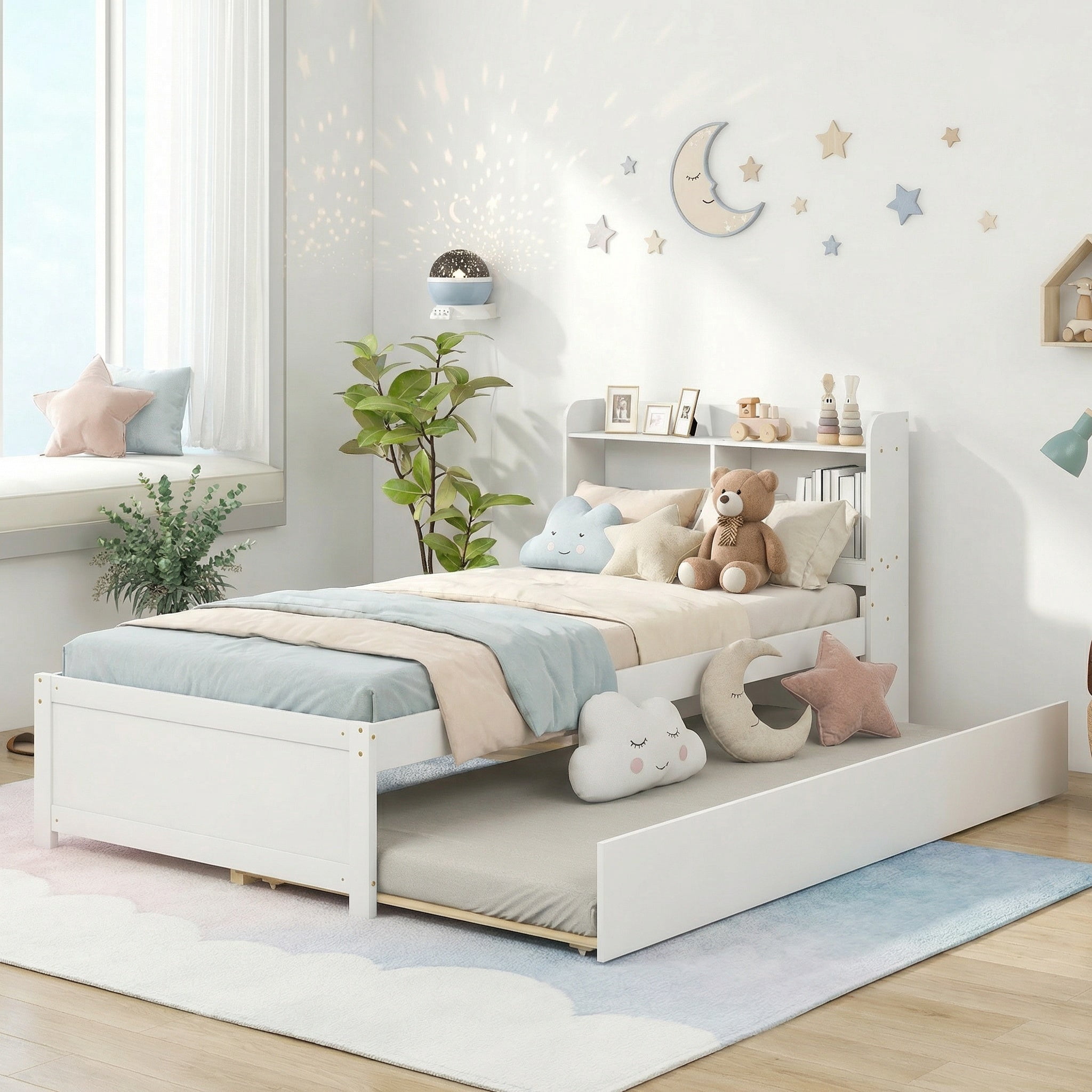 Sailvan Twin Bed with Trundle,Bookcase