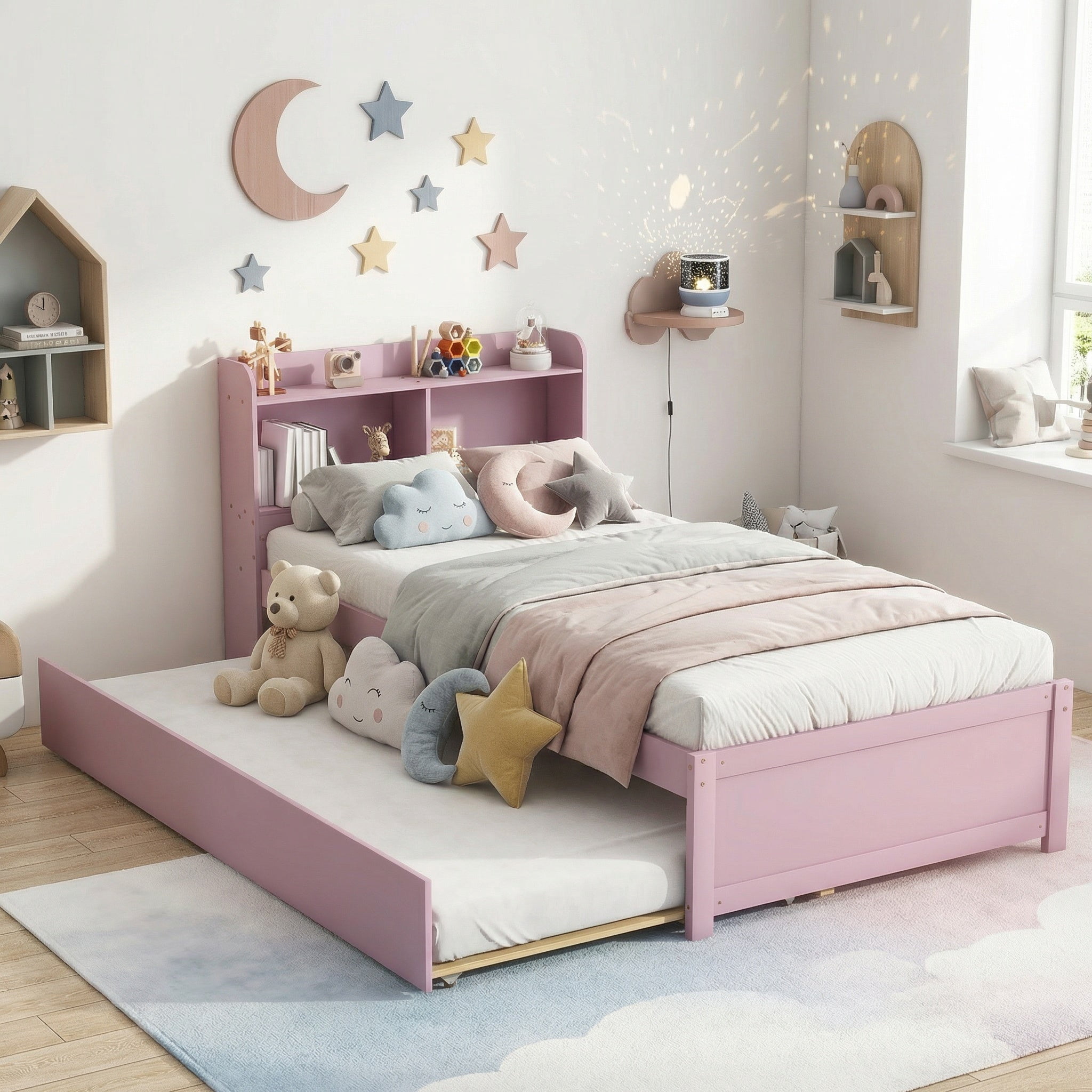 Sailvan Twin Bed with Trundle,Bookcase