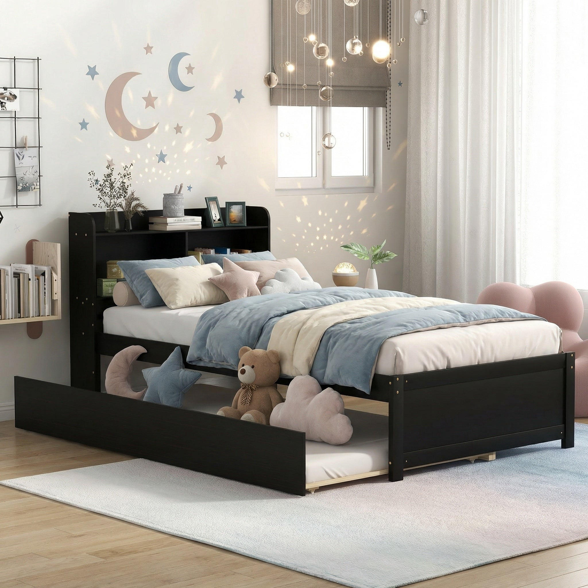 Sailvan Twin Bed with Trundle,Bookcase