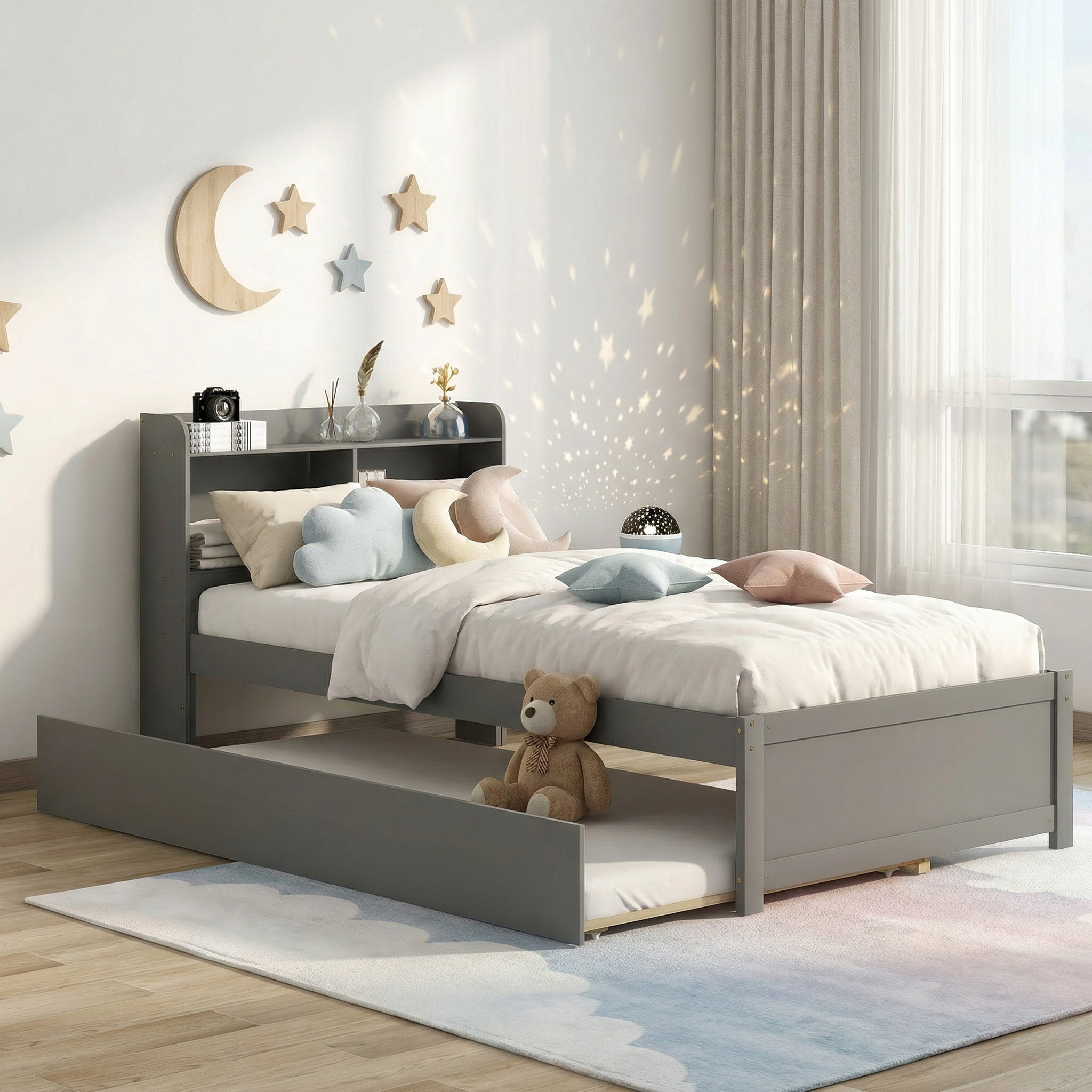 Sailvan Twin Bed with Trundle,Bookcase