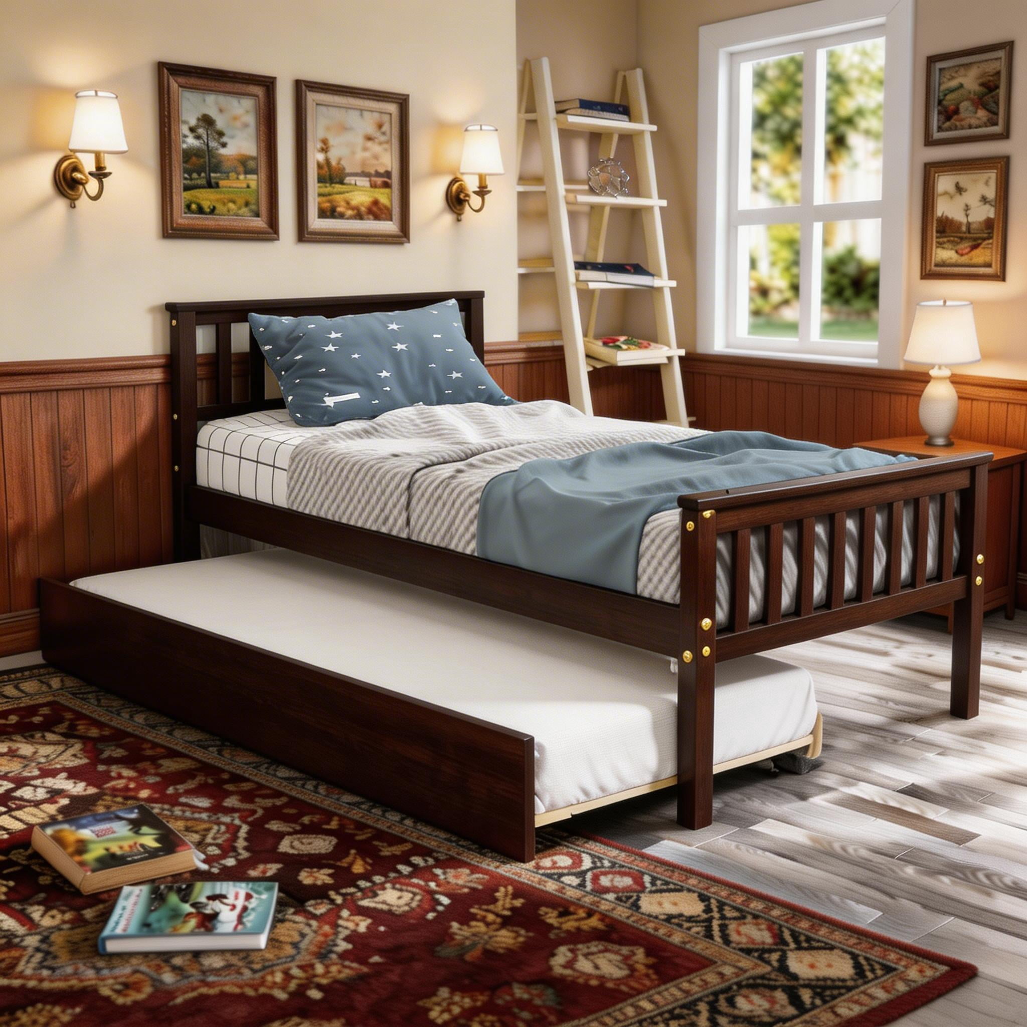 Sailvan Twin Bed with Trundle, Solid Wood Platform Bed Frame with Headboard, No Box Spring Needed Espresso