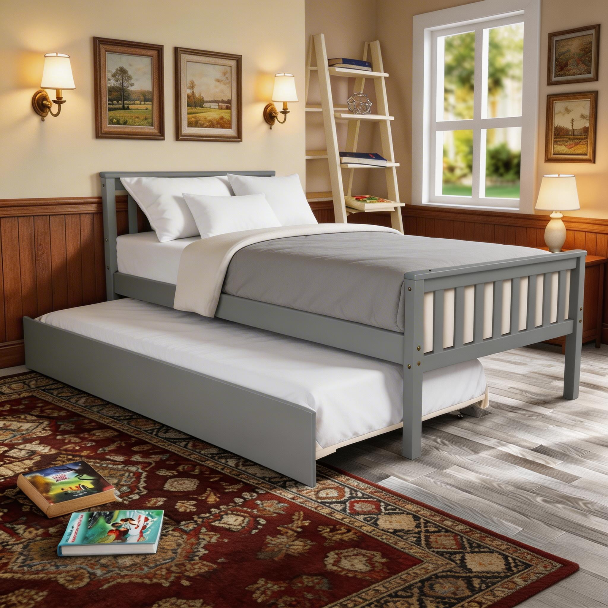Sailvan Twin Bed with Trundle, Solid Wood Platform Bed Frame with Headboard, No Box Spring Needed Grey