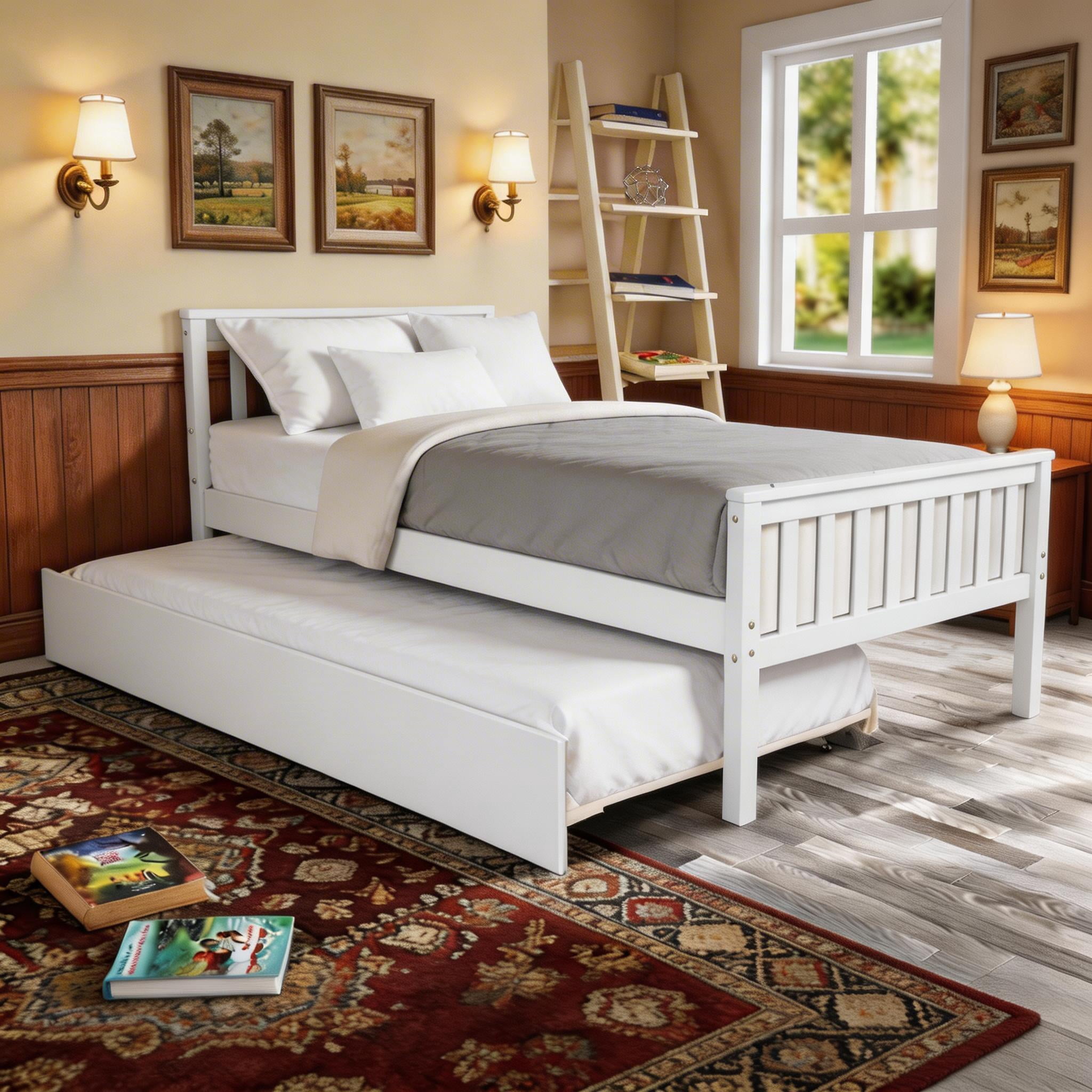 Sailvan Twin Bed with Trundle, Solid Wood Platform Bed Frame with Headboard, No Box Spring Needed White