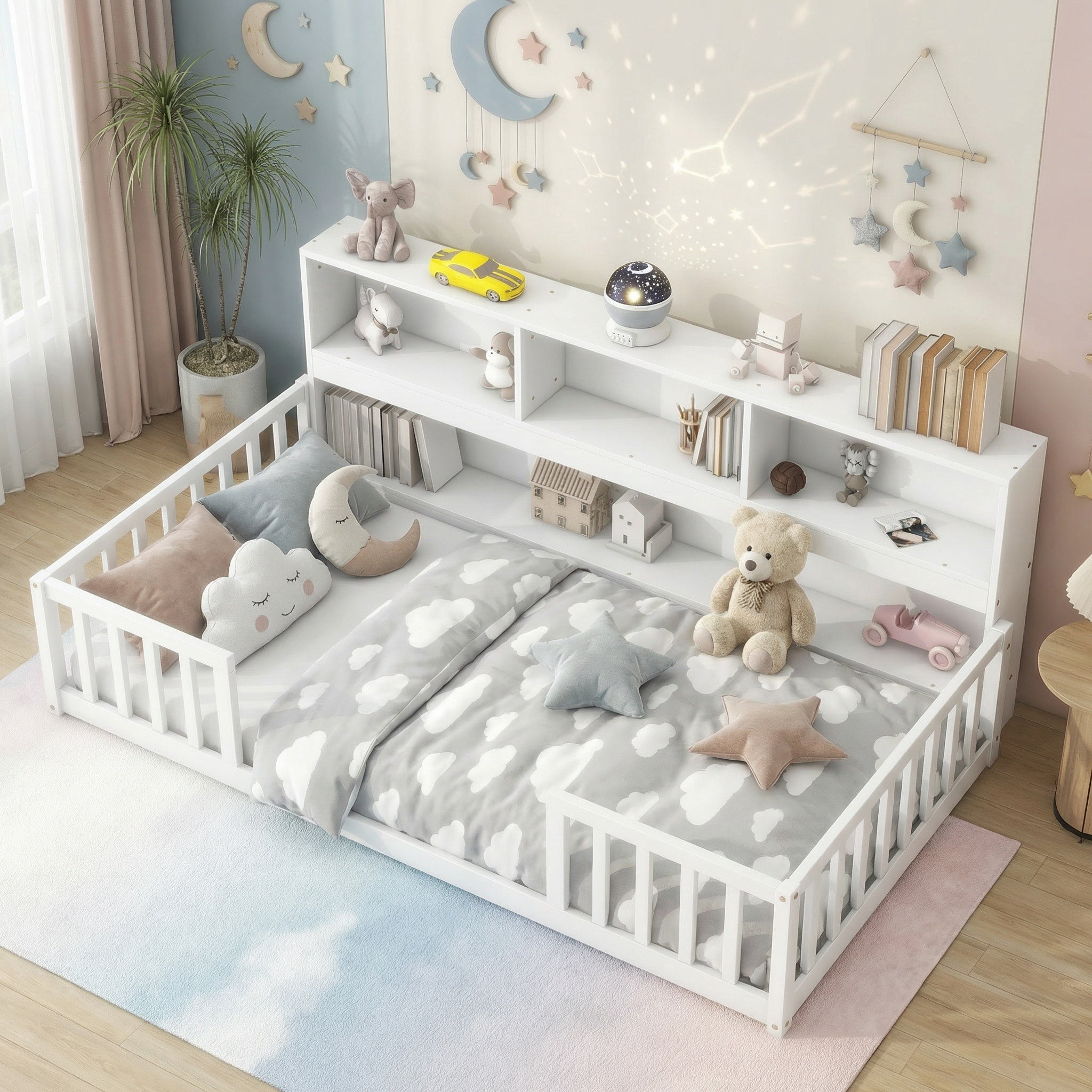 Sailvan Twin Floor Bed with Bedside Bookcase,Shelves,Guardrails