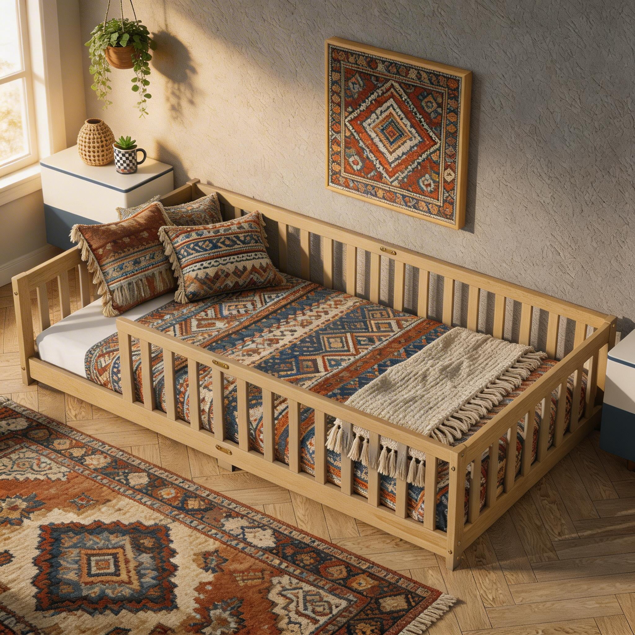 Sailvan Twin Floor Bed with Fence,Solid Rubber Wood Kids Bed Frame Natural