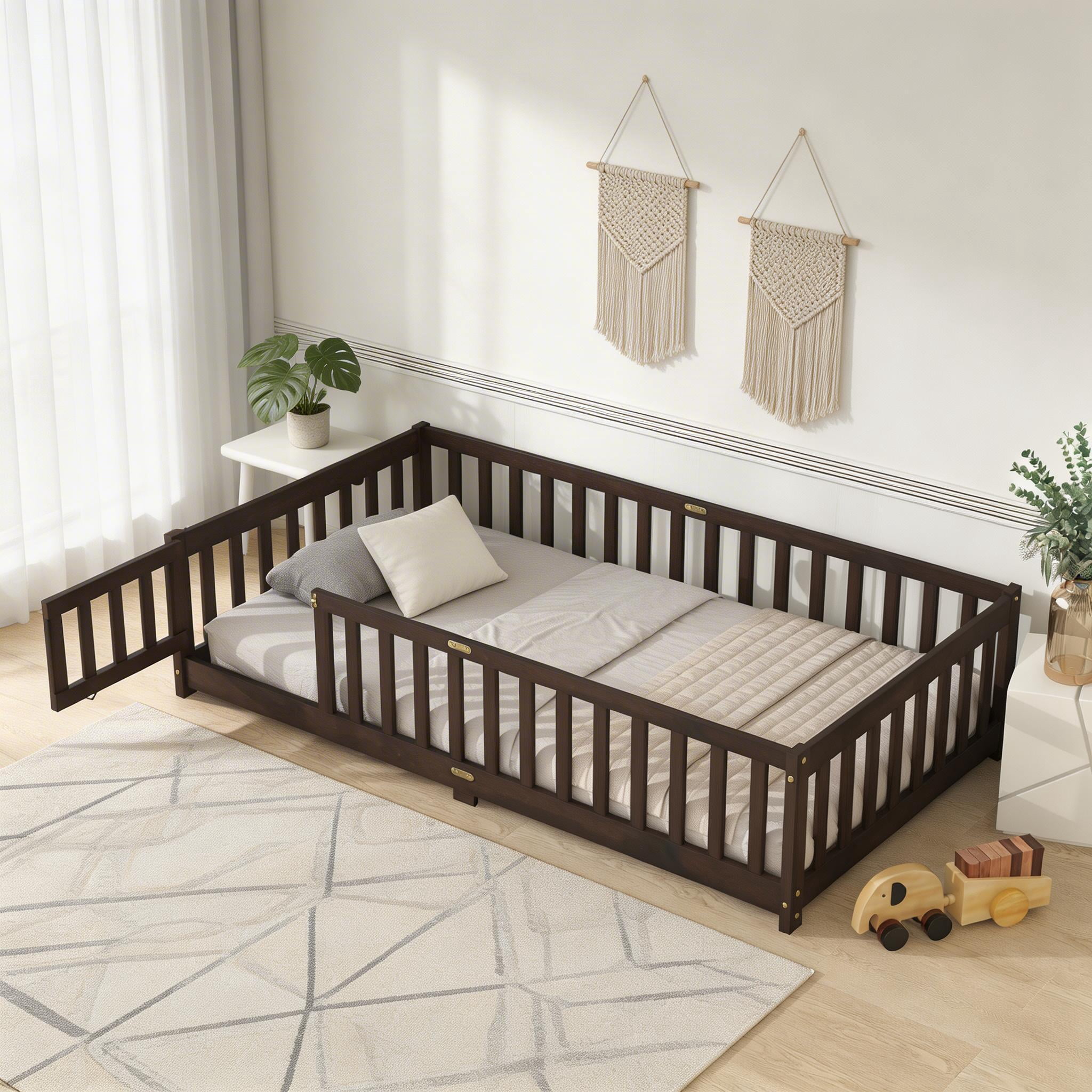 Sailvan Twin Floor Bed with Fence and Door, Solid Rubber Wood Kids Platform Bed Frame Espresso