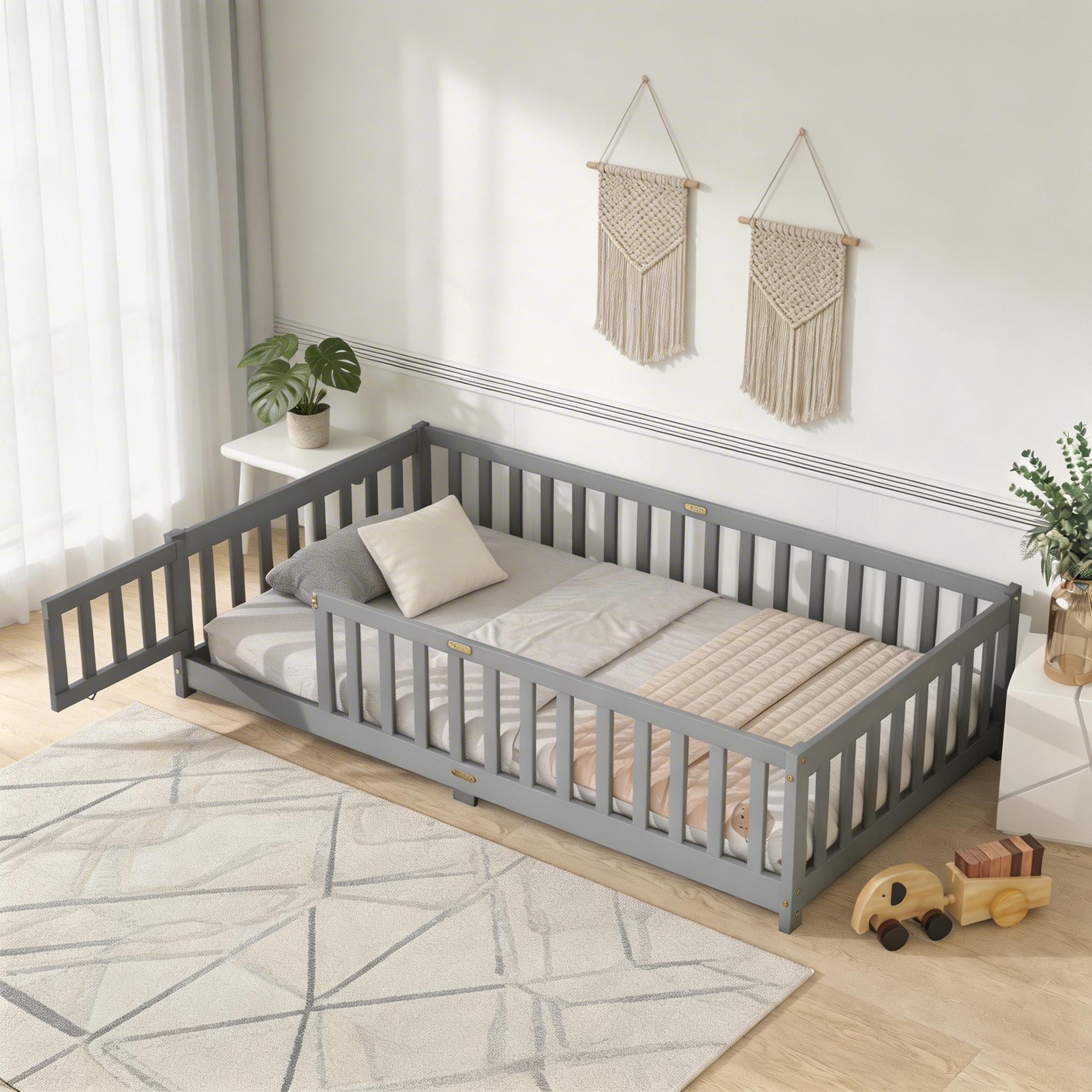 Sailvan Twin Floor Bed with Fence and Door, Solid Rubber Wood Kids Platform Bed Frame Grey
