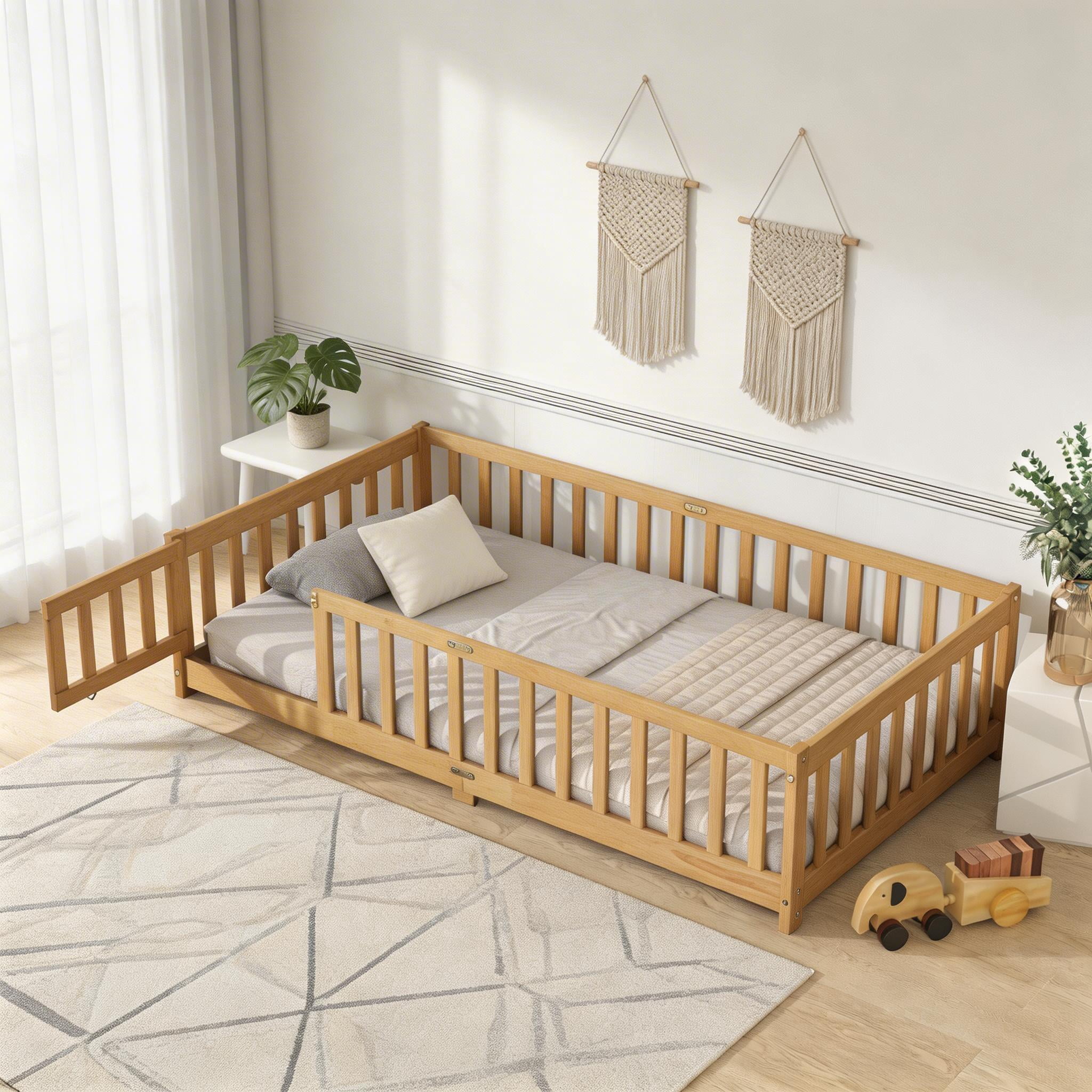 Sailvan Twin Floor Bed with Fence and Door, Solid Rubber Wood Kids Platform Bed Frame Natural