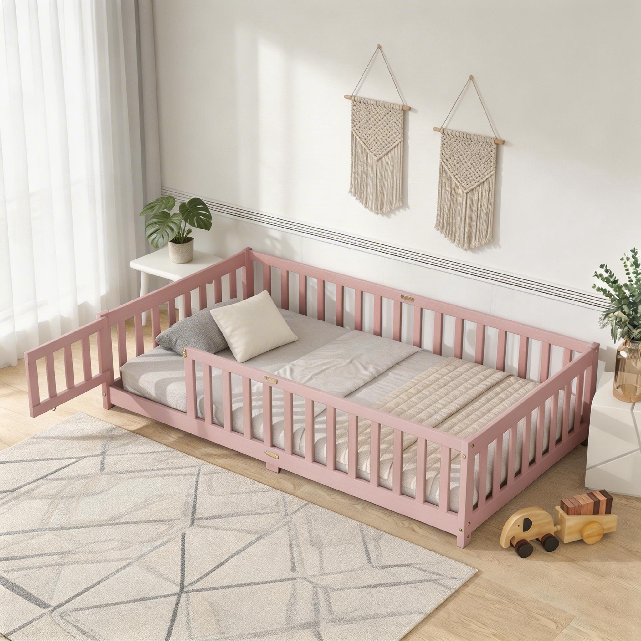 Sailvan Twin Floor Bed with Fence and Door, Solid Rubber Wood Kids Platform Bed Frame Pink