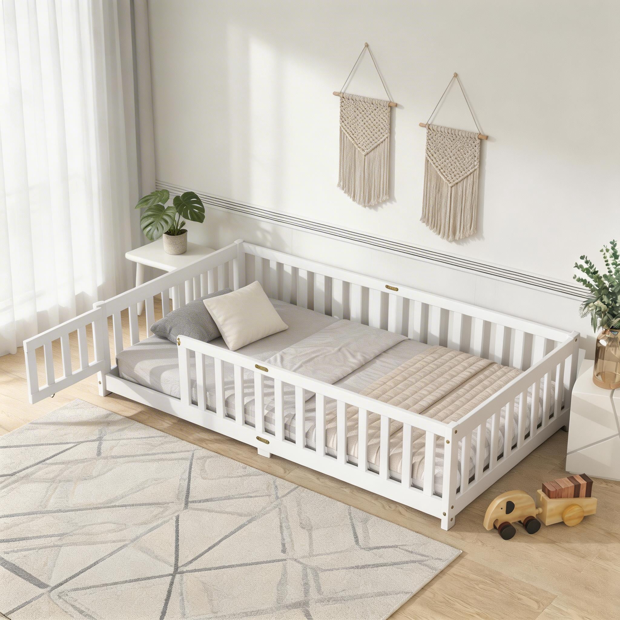 Sailvan Twin Floor Bed with Fence and Door, Solid Rubber Wood Kids Platform Bed Frame White
