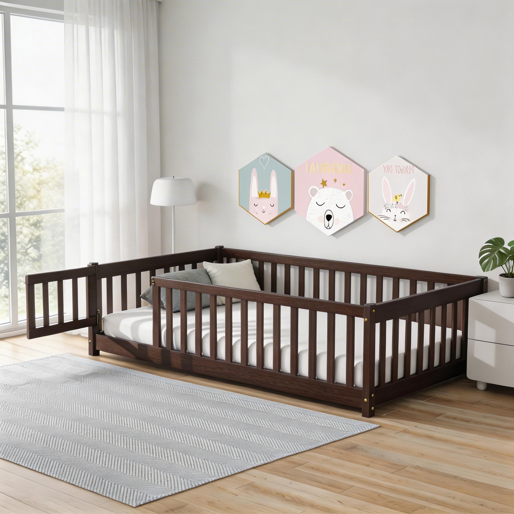 Sailvan Twin Floor Bed with Fence and Door,Solid Wood Kids Bed Frame for Toddlers Espresso