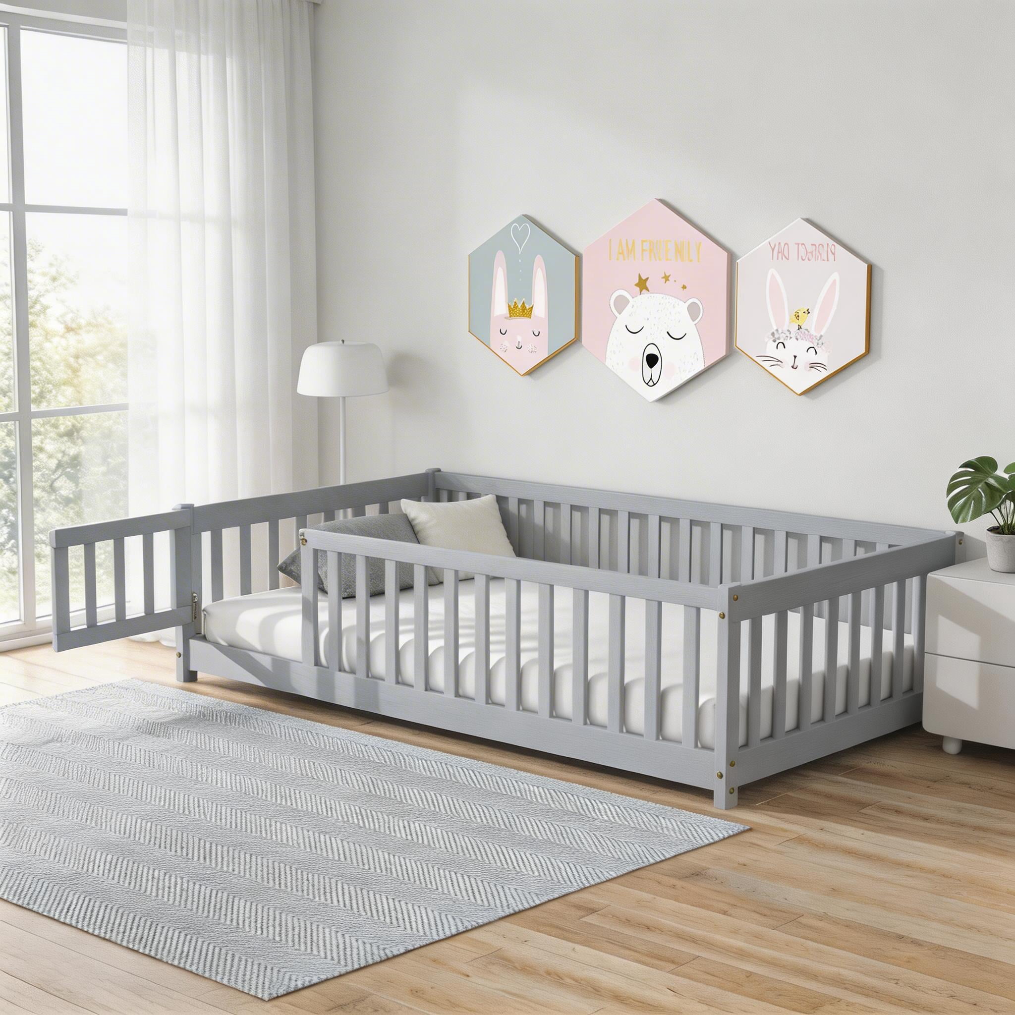Sailvan Twin Floor Bed with Fence and Door,Solid Wood Kids Bed Frame for Toddlers Grey