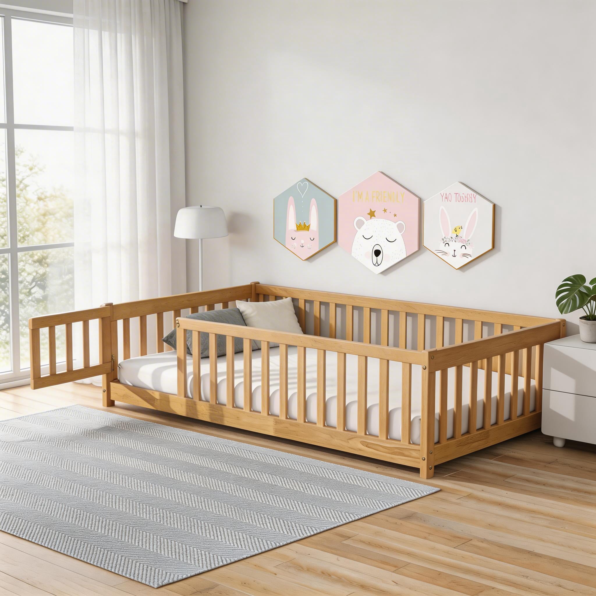 Sailvan Twin Floor Bed with Fence and Door,Solid Wood Kids Bed Frame for Toddlers Natural