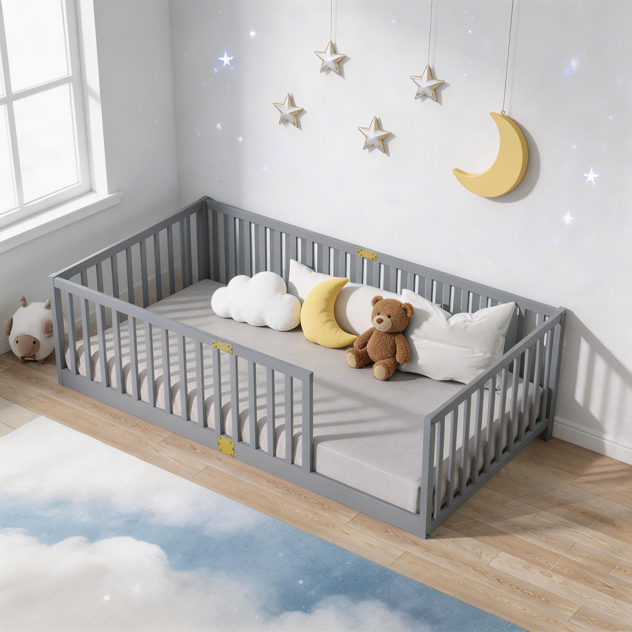 Sailvan Twin Floor Bed with High Fence Railings, Solid Rubber Wood Kids Platform Bed Frame Grey