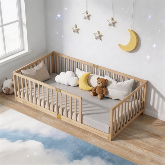 Sailvan Twin Floor Bed with High Fence Railings, Solid Rubber Wood Kids Platform Bed Frame Natural
